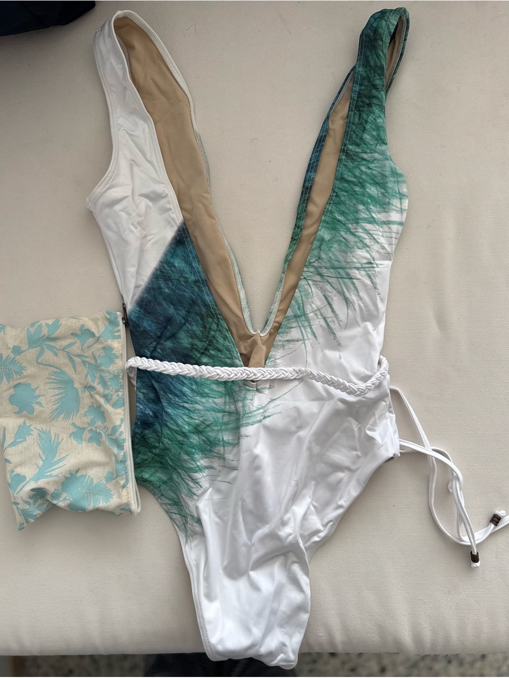 White One-Piece Swimsuit with Green-Blue Ombre and Rope Tie - Picture 2 of 2